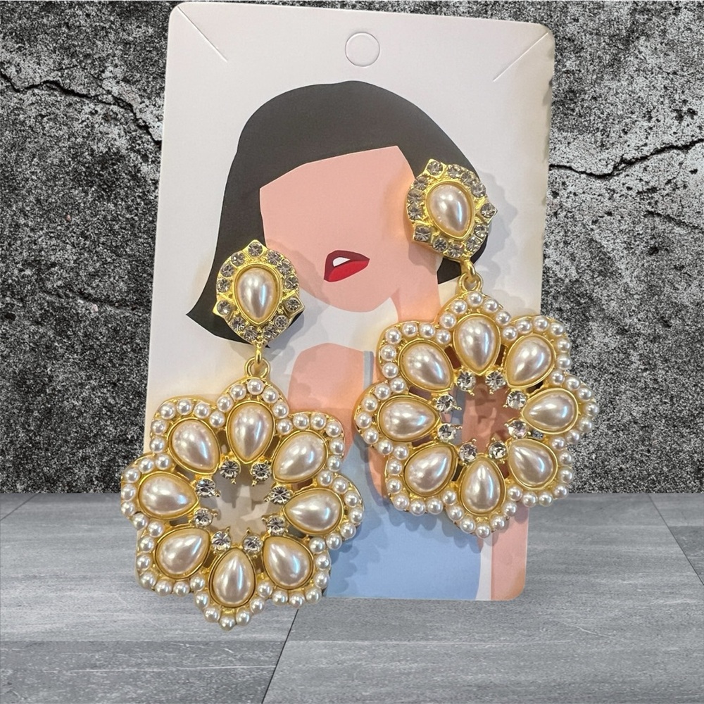 Gold Pearl Floral Drop Earrings